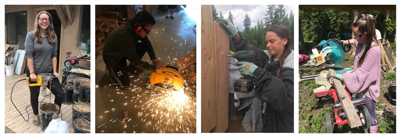 Collage of SKIPpers working with power tools, building, and gardening